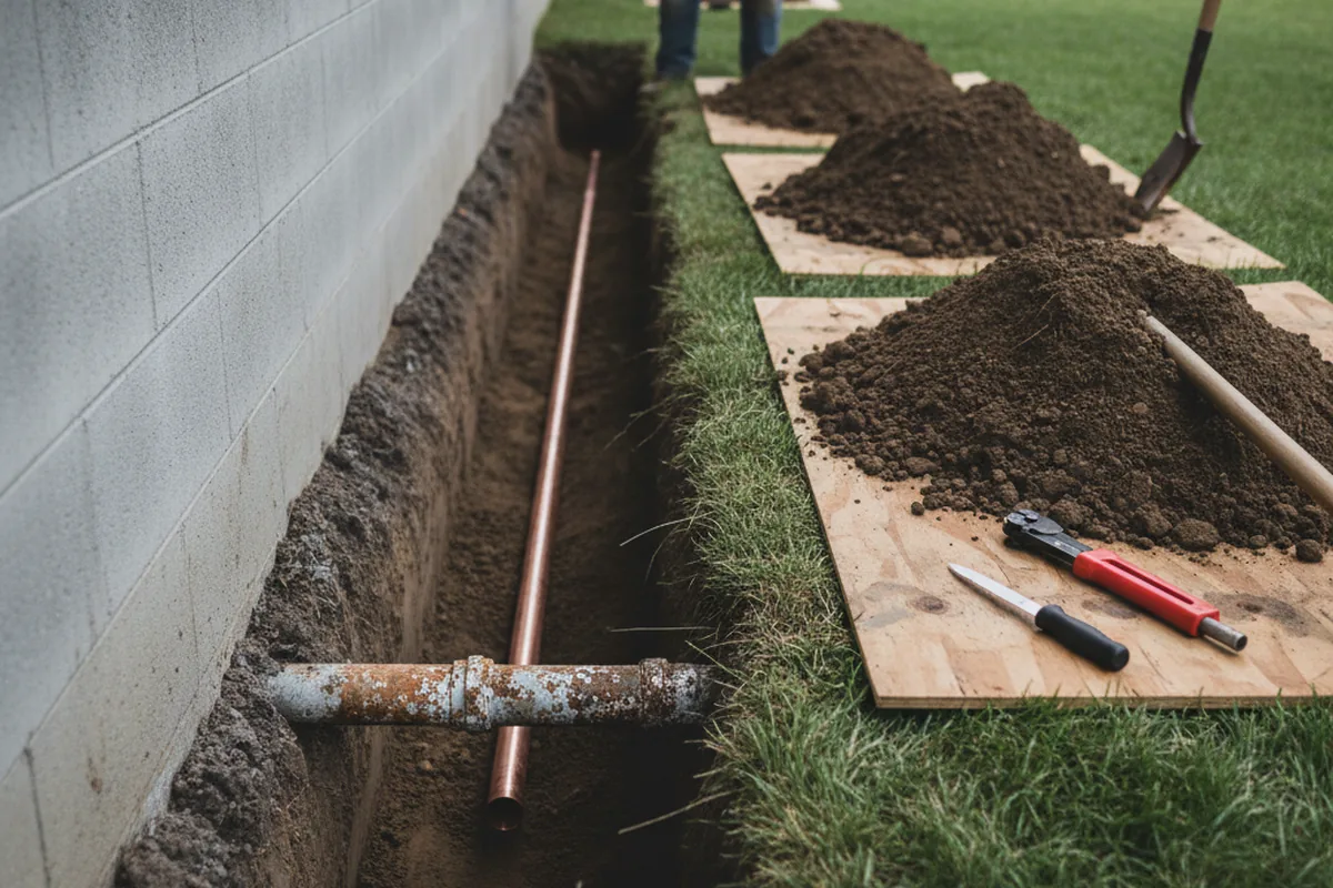 Excavated water line trench during Water Heater Repair in Bellamy